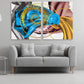 Large colorful abstract canvas wall art, horisontal multi panel gold and blue artwork, modern set of three housewarming prints, trendy gift