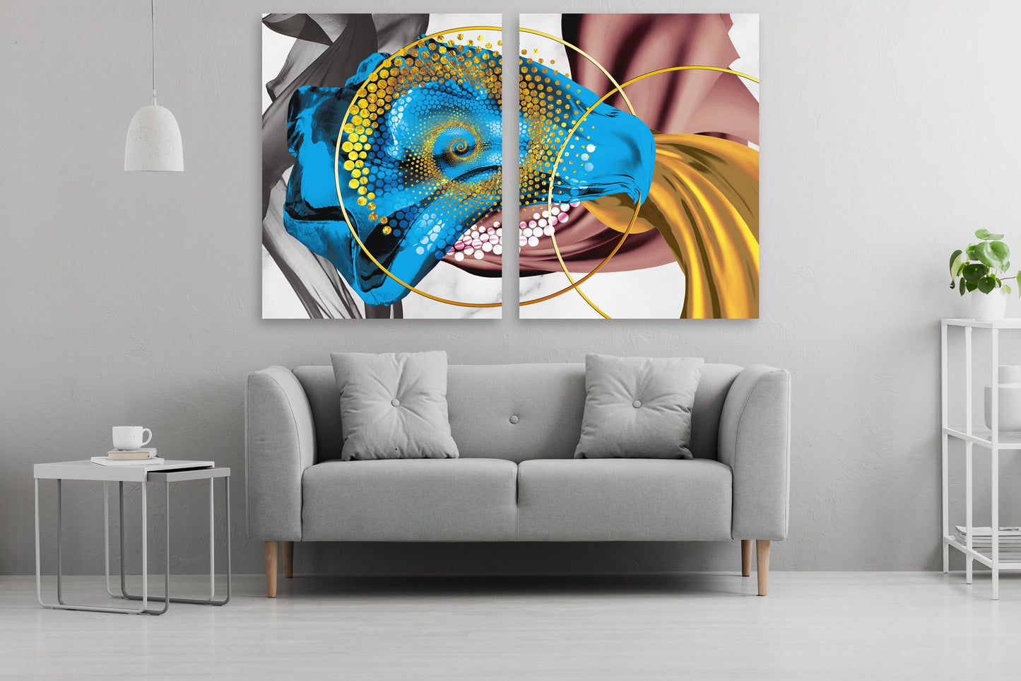 Large colorful abstract canvas wall art, horisontal multi panel gold and blue artwork, modern set of three housewarming prints, trendy gift