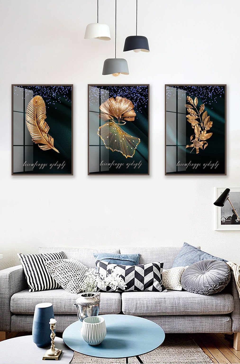 Set of 3 botanical wall prints, gold plants canvas art in floating frame, fashion gold canvas wall art, gold leaves framed printable artwork