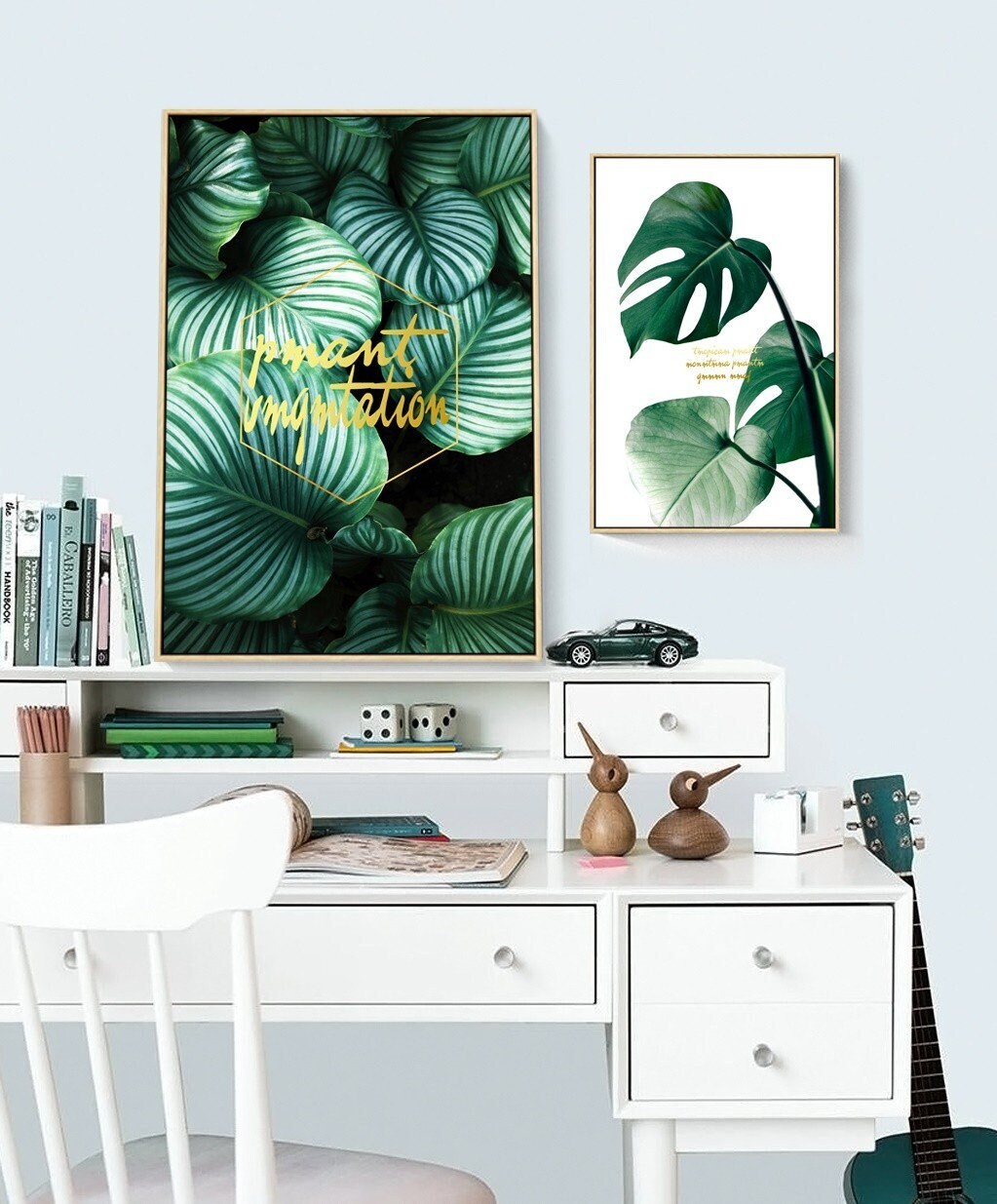 Three piece plant wall prints in floating frame, modern minimalist framed botanical artwork, original green printable set of 3 canvas arts