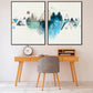 Abstract modern blue geometric framed wall art, large canvas printable artwork with abstract mountains, black frame multi panel canvas art