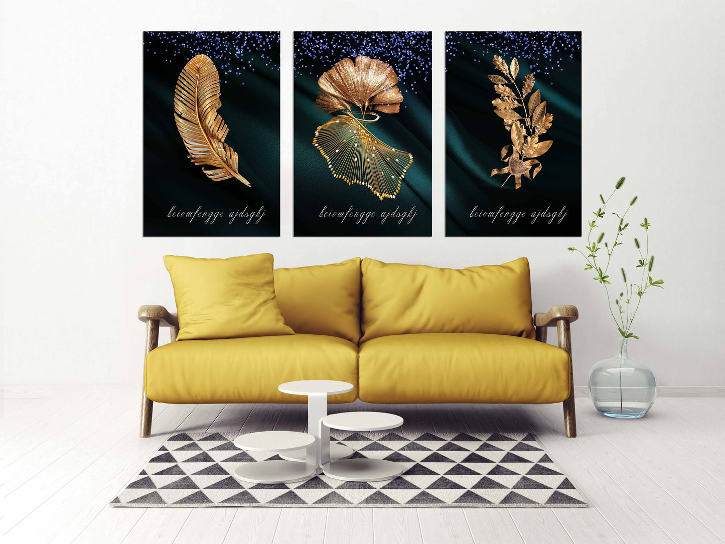 Set of 3 botanical wall prints, gold plants canvas art in floating frame, fashion gold canvas wall art, gold leaves framed printable artwork