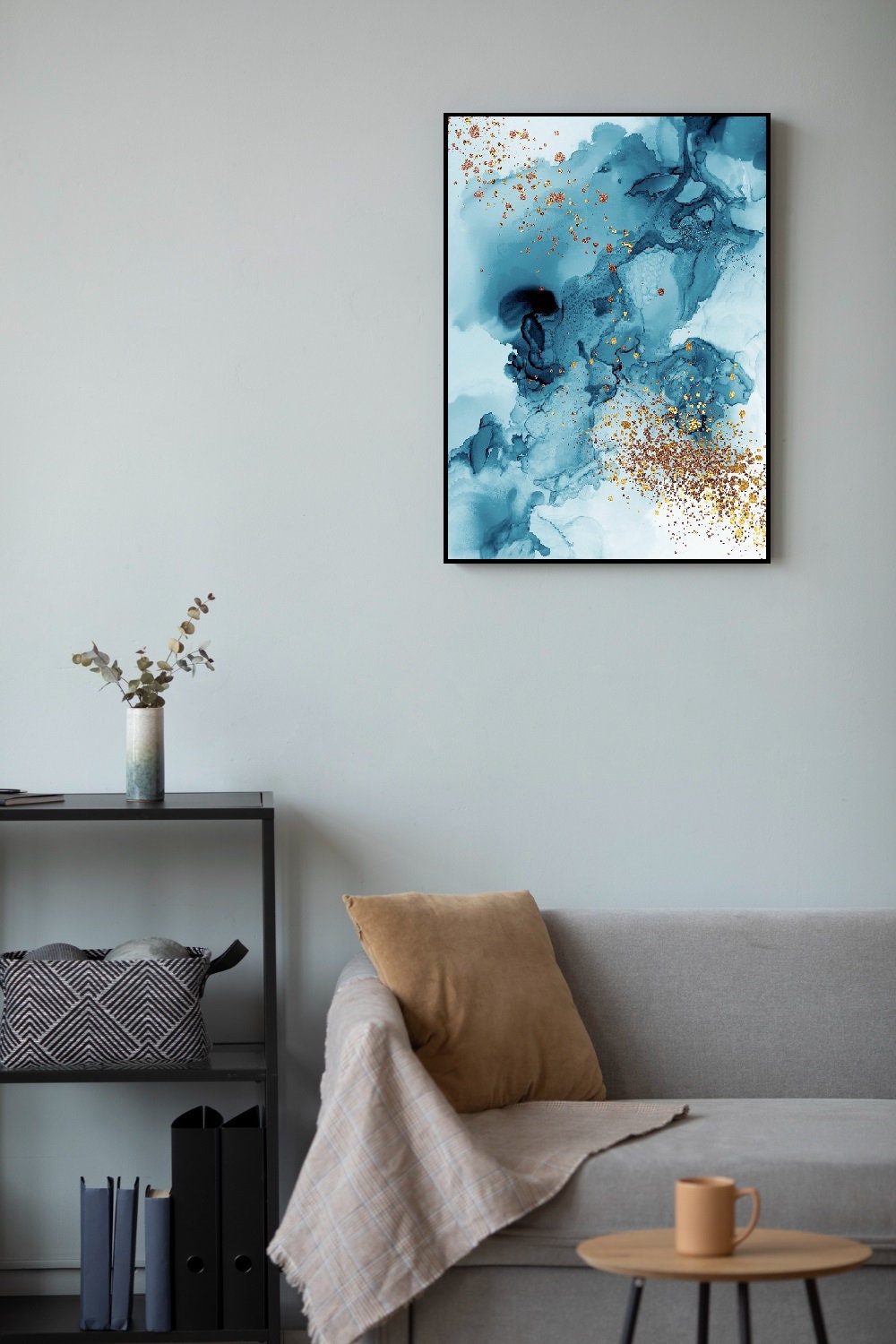 Abstract blue gold canvas print, large float frame wall art, blue wave canvas painting, contemporary framed wall art, minimalist artwork