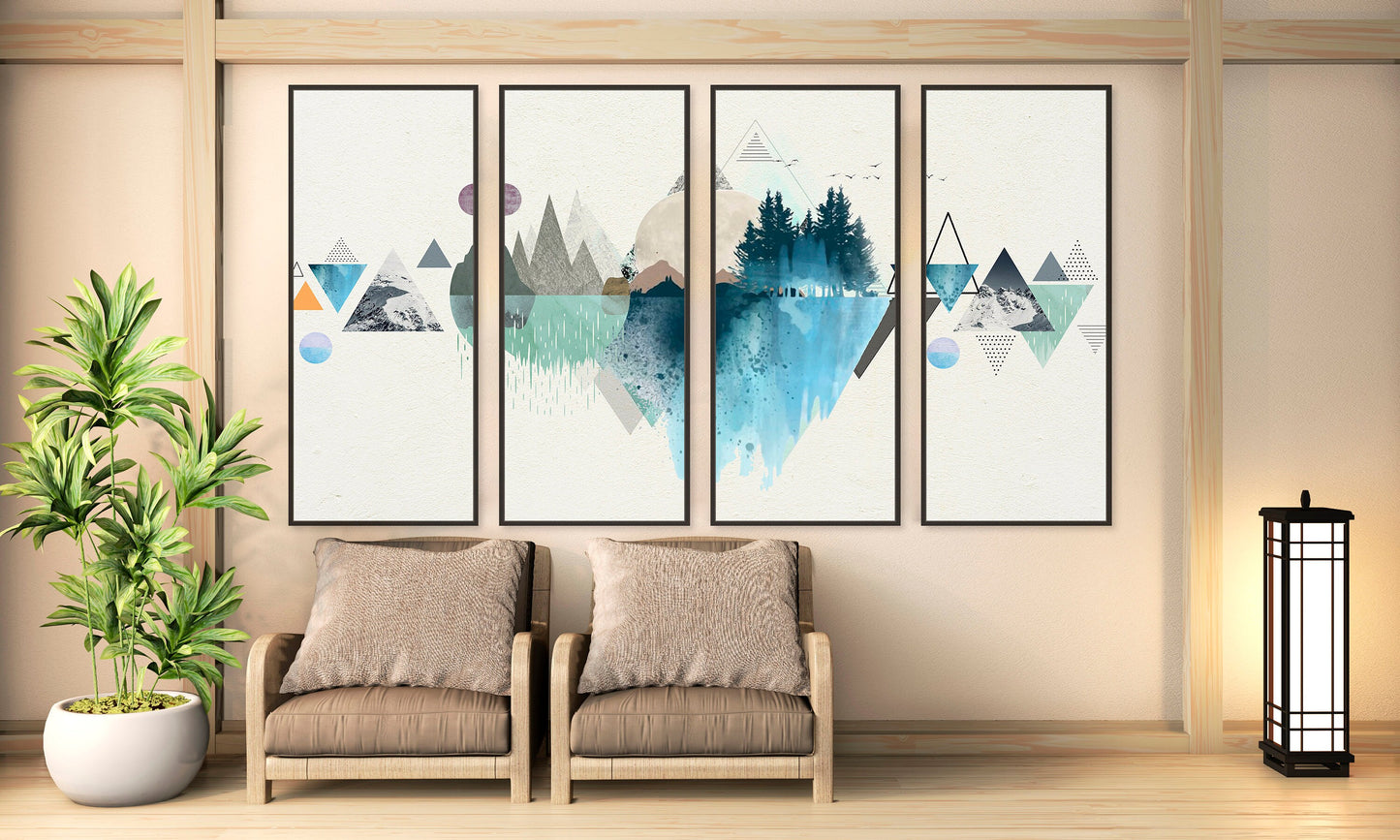 Abstract modern blue geometric framed wall art, large canvas printable artwork with abstract mountains, black frame multi panel canvas art