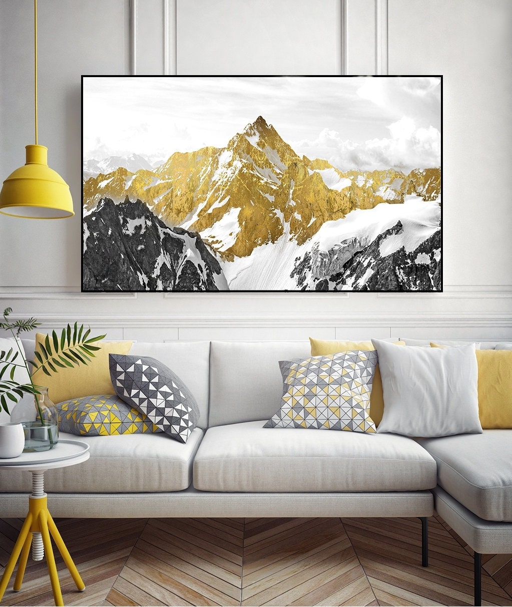 Golden mountain canvas wall art, gold floater frame printable artwork, large nature canvas print, landscape wall art, housewarming gift