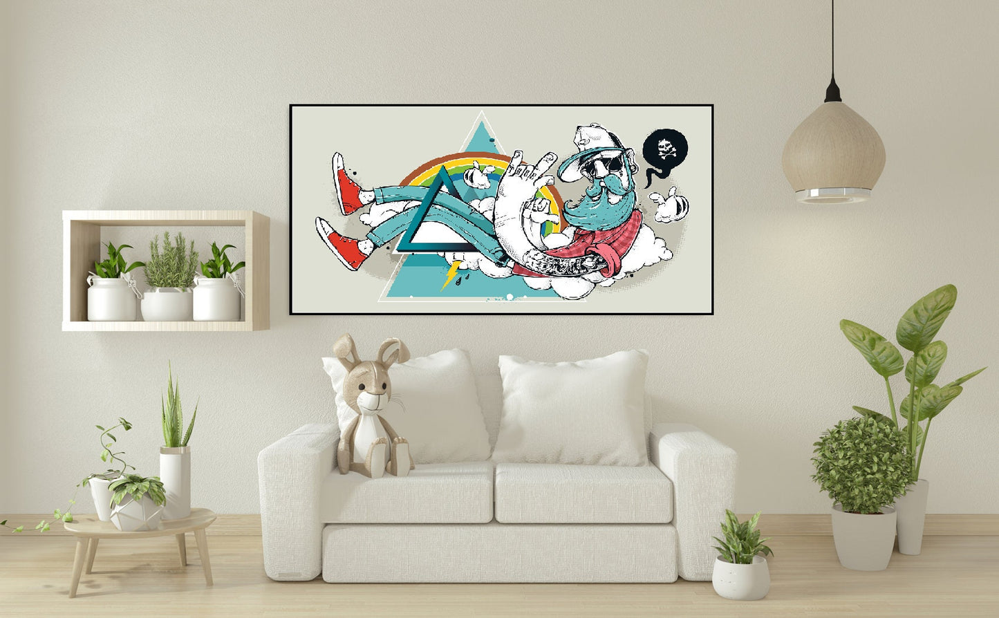 Modern hipster wall art, floater frame canvas print, cartoon man hanging wall decor, extra large framed horisontal printable artwork