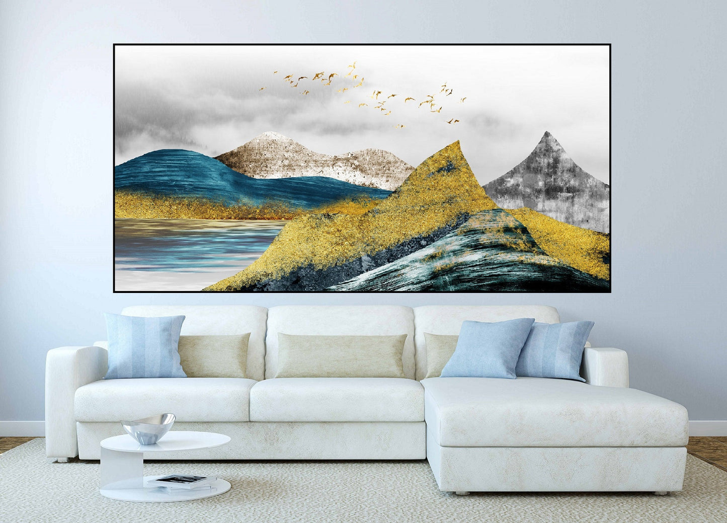 Golden mountains framed wall art, printable landscape artwork in floater frame, large blue gold canvas print, living room canvas wall art