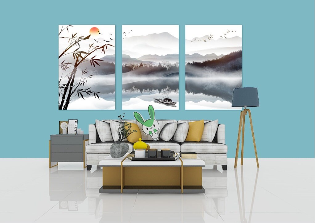 Large asian canvas wall art, smoky mountains hanging wall decor, modern oriental style wall art, printable lanscape artwork for bedroom