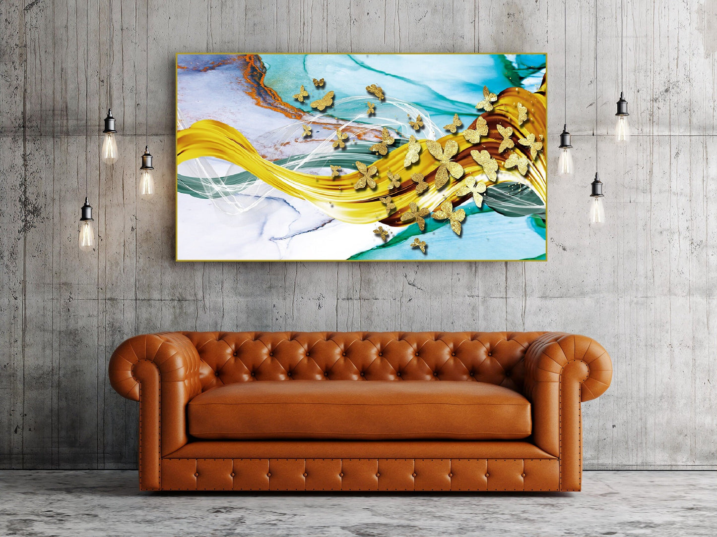 Large butterfly wall art, floater frame abstract artwork, golden butterflies canvas print, framed living room wall art, colorful artwork