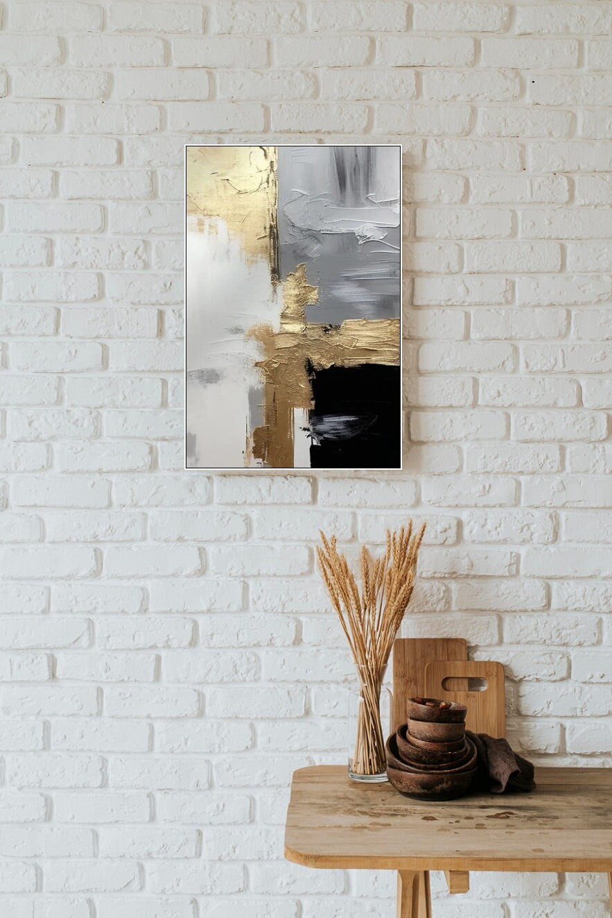 Large abstract canvas print, gray gold floating frame wall art, oil painting printable artwork, conceptual living room wall art