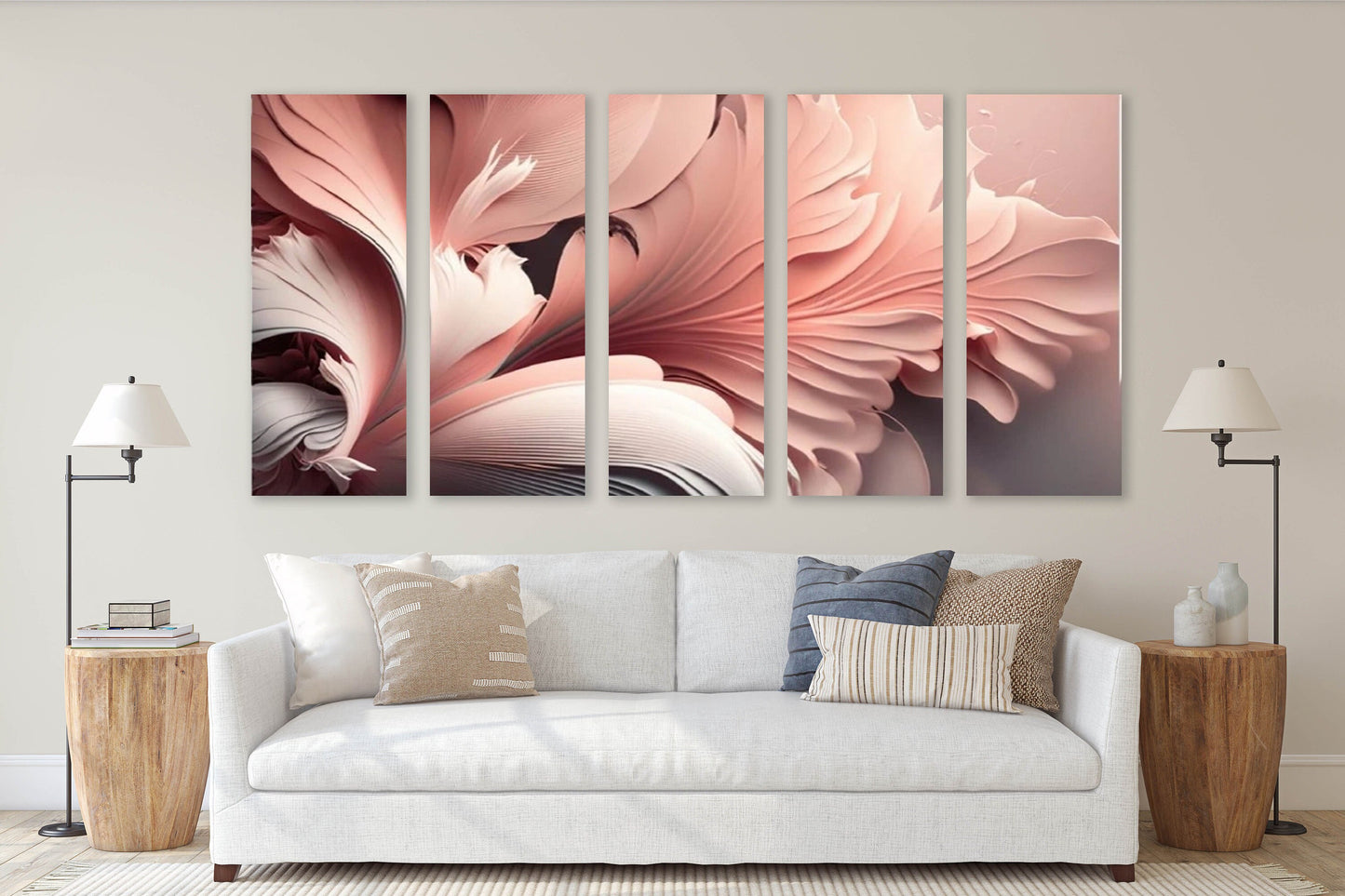 Large floral wall art, pink three piece artwork, multi panel abstract hanging wall decor, petals canvas print for bedroom, artwork for gift