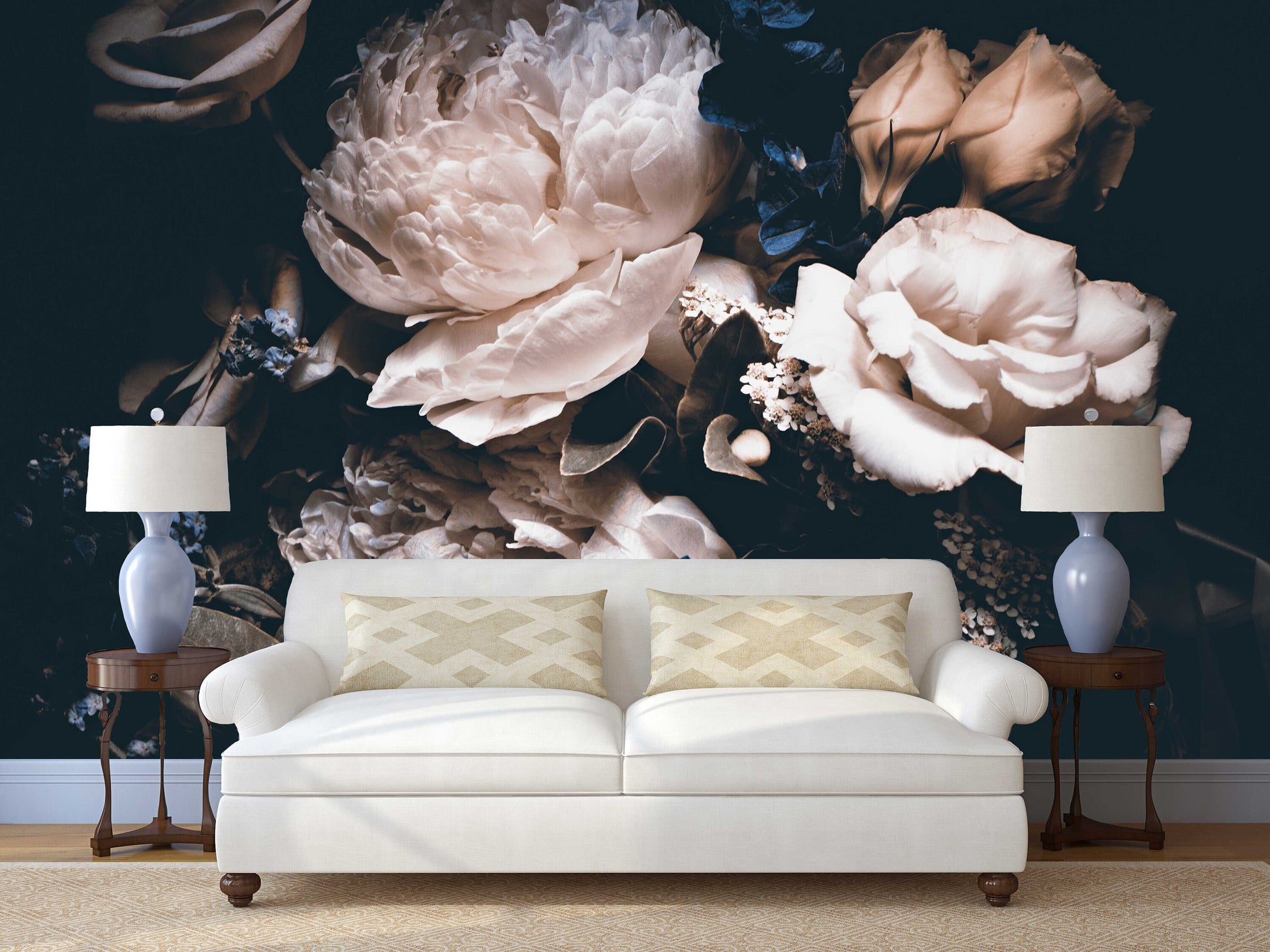 Dark floral wallpaper Floral wallpaper Peel and stick wallpaper Flowers wallpaper Peonies wall art Botanical removable wallpaper