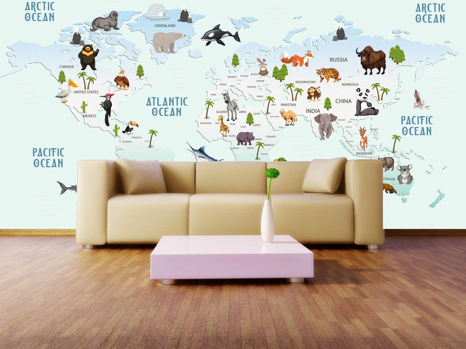 Animal world map World map mural Removable wallpaper Textured wallpaper nursery wallpaper vinyl wallpaper modern wallpaper wall print art