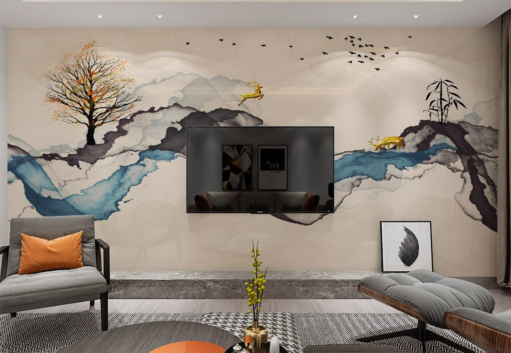 Japanese wall art Self adhesive mural Abstract wallpaper Minimalist wall decor Peel and stick wallpaper removable wallpaper Bedroom decor