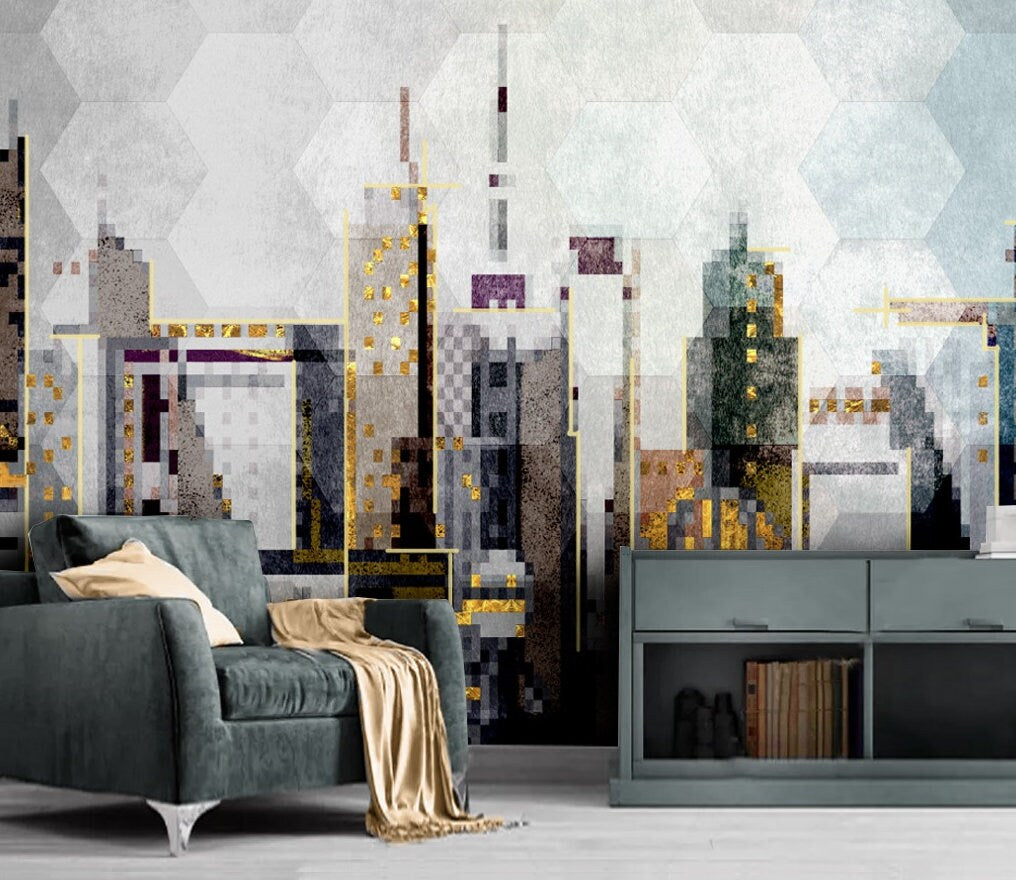 City architecture art print Peel and stick wall mural Geometric wallpaper home decor Vinyl wall sticker temporary wall covering