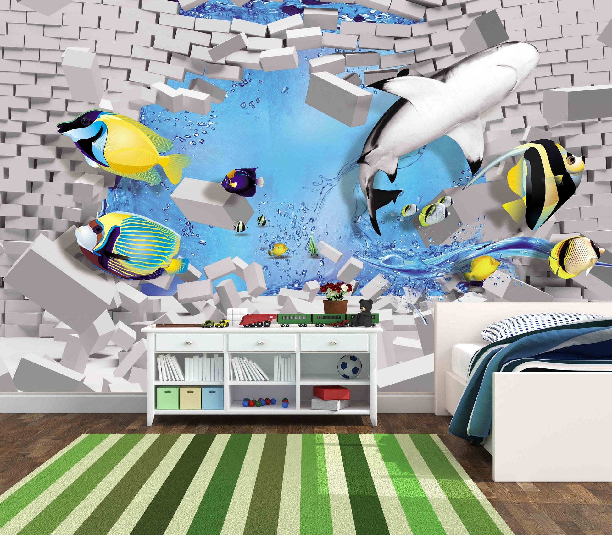 Shark print Ocean wallpaper Baby 3d wallpaper Self adhesive mural Nursery wallpaper Wall print art Home wall decor Peel and stick