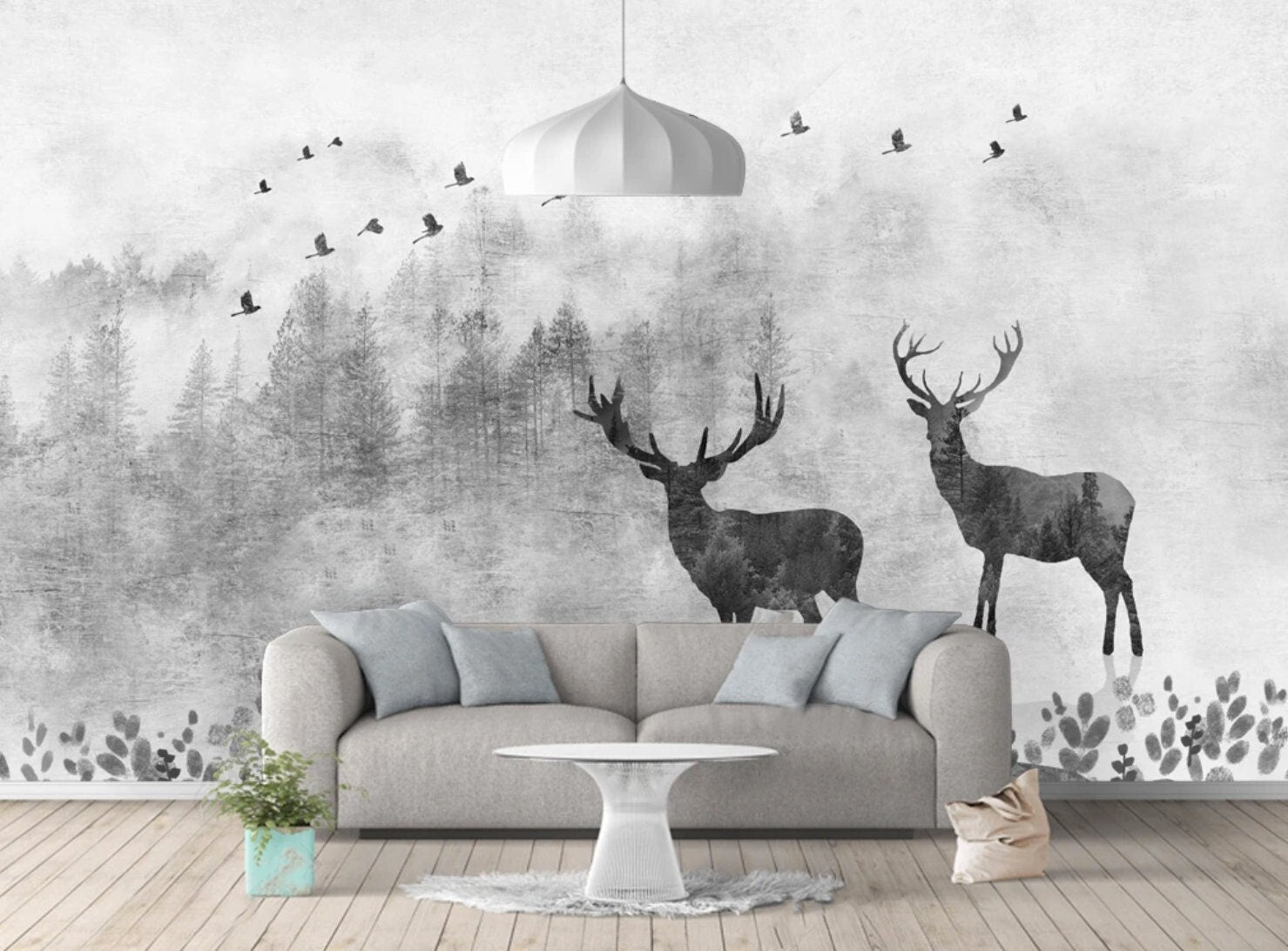 Wall mural dark forest black and white wallpaper peel and stick, deer printable, art deco wallpaper