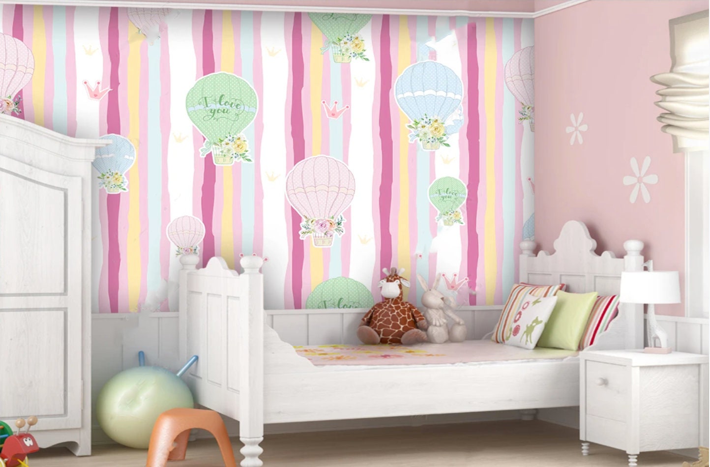 Nursery girl Blush wallpaper mural peel and stick Playroom wall decor Removable wallpaper Hot Air Balloon wallpaper Wall mural photography