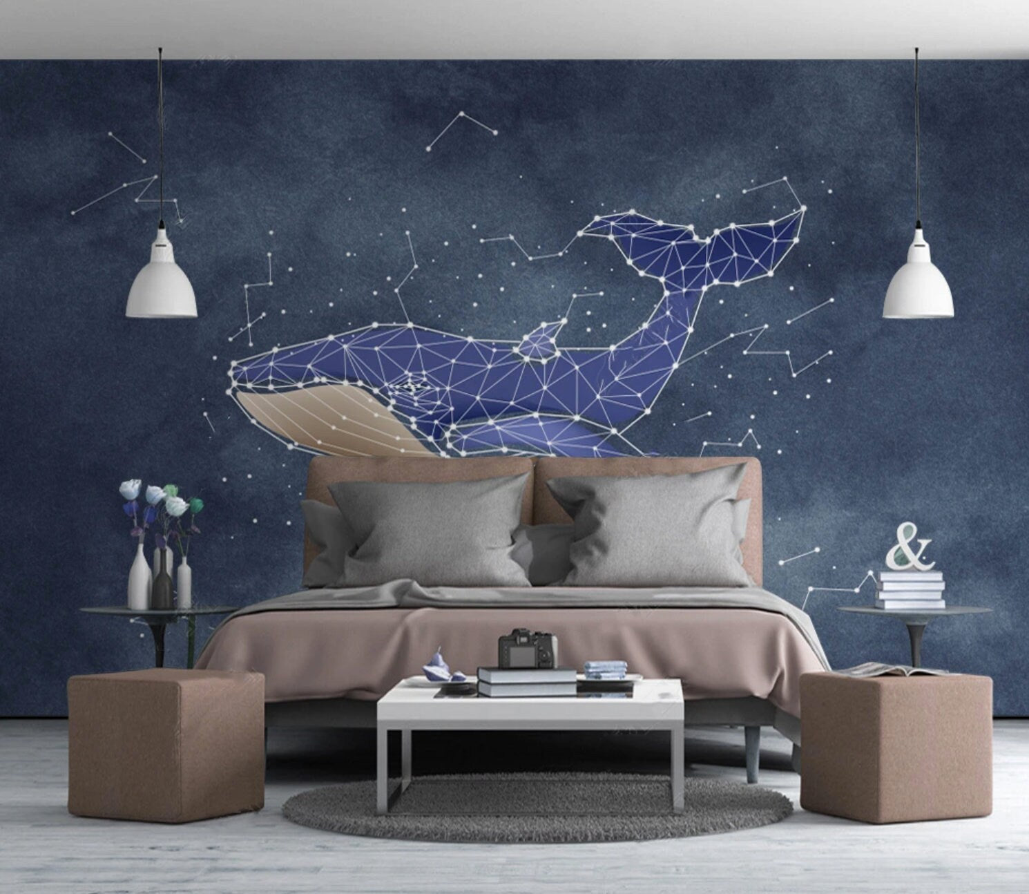 Whale wall art Peel and stick wall mural Modern Removable wall decor Textured fabric vinyl wallpaper abstract wall covering shark poster