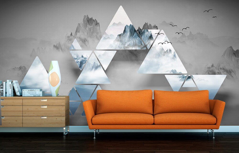 Geometric abstract dark gray wallpaper Peel and stick, temporary, removable, Self adhesive 3d wall mural Mountain wall sticker