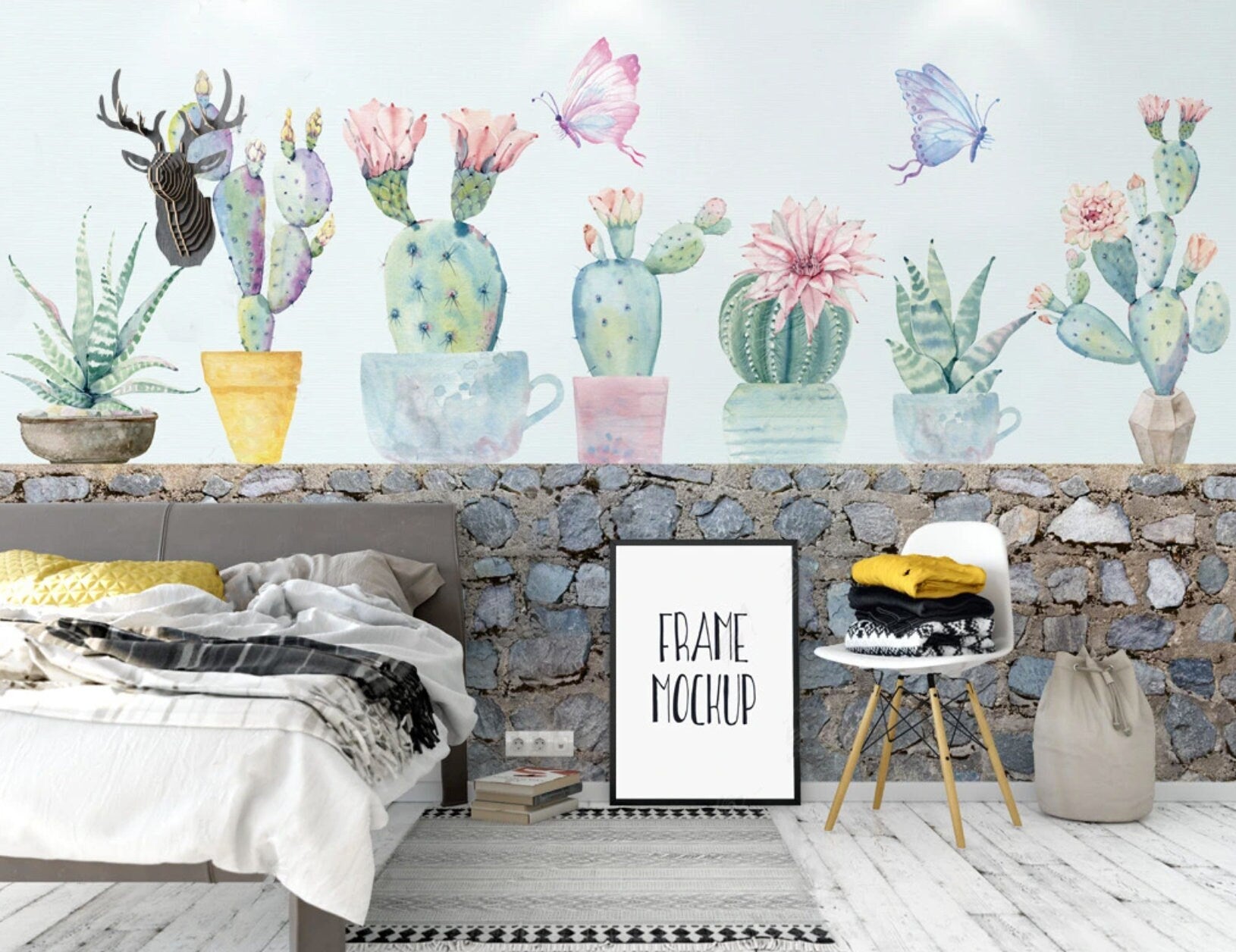 Cactus wallpaper peel and stick, cactus decal, floral wall mural, tropical wallpaper for living room, nursery, bedroom, kitchen