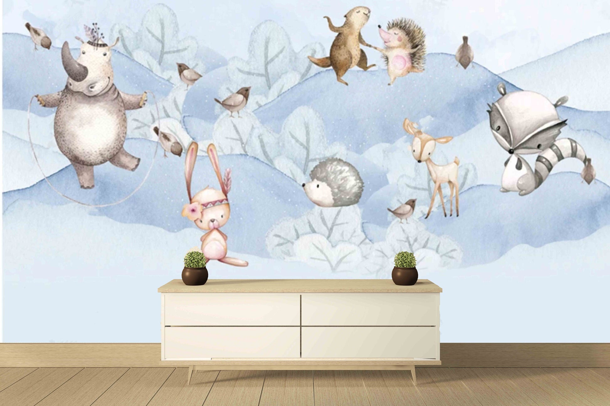 Modern animal blue wallpaper nursery, baby boy peel and stick mural, kids room wallpaper, removable wallpaper, vinyl wallpaper