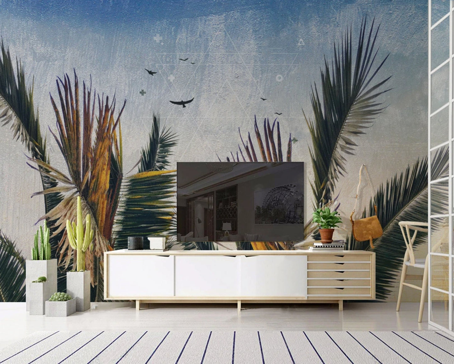 Tropical wallpaper bedroom , palm leaf exotic wallpaper, botanical pattern wallpaper, peel and stick wall mural