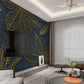 Large leaves wallpaper peel and stick wall mural, modern blue and gold vinyl, canvas dark floral wallpaper