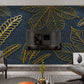 Large leaves wallpaper peel and stick wall mural, modern blue and gold vinyl, canvas dark floral wallpaper