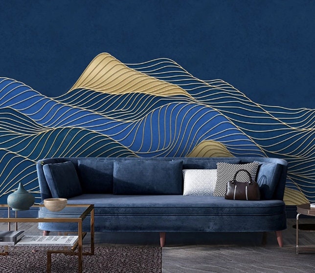 Foggy hills wall mural sticker, blue and gold peel and stick wallpaper, abstract wallpaper, modern mountain vinyl mural, canvas wallpaper