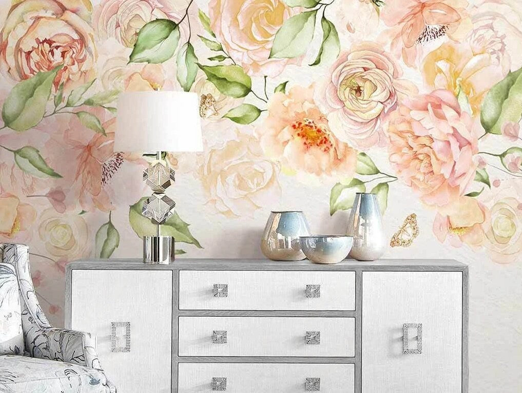 Peony wallpaper peel and stick wall mural prints, flower wallpaper, botanical removable wallpaper, flower wall decals