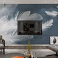 Modern abstract peel stick wallpaper, removable self adhesive mural with bird feather in white and grey colors, temporary vinyl wallpaper