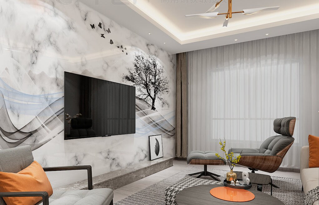 Original marble self adhesive mural with abstract landscape and waves in grey colors, modern abstract removadle peel and stick wallpaper