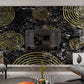 Abstract black gold peel and stick wallpaper, temporary canvas accentual wallpaper with circles, modern self adhesive mural, vinyl mural