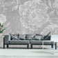 Large flowers grey white wallpaper, peel and stick floral wall mural, accentual self adhesive flowers photo mural, removable roses mural