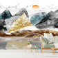 Abstract mountains wall decal, large peel and stick landscape wallpaper, black gold self adhesive wall mural, accentual Japanese wallpaper