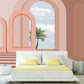Large pink self adhesive wallpaper, self adhesive arch wall mural, accentual mid century wall decal, temporary canvas wallpaper with window