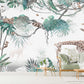 Tropical self adhesive wallpaper, animals peel and stick wall mural, accentual giraffe photo wallpaper, extra large leaves wallcovering