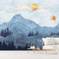 Extra large mountains wallpaper, self adhesive abstract wall mural, blue peel and stick photo wallpaper, accentual landscape wallpaper