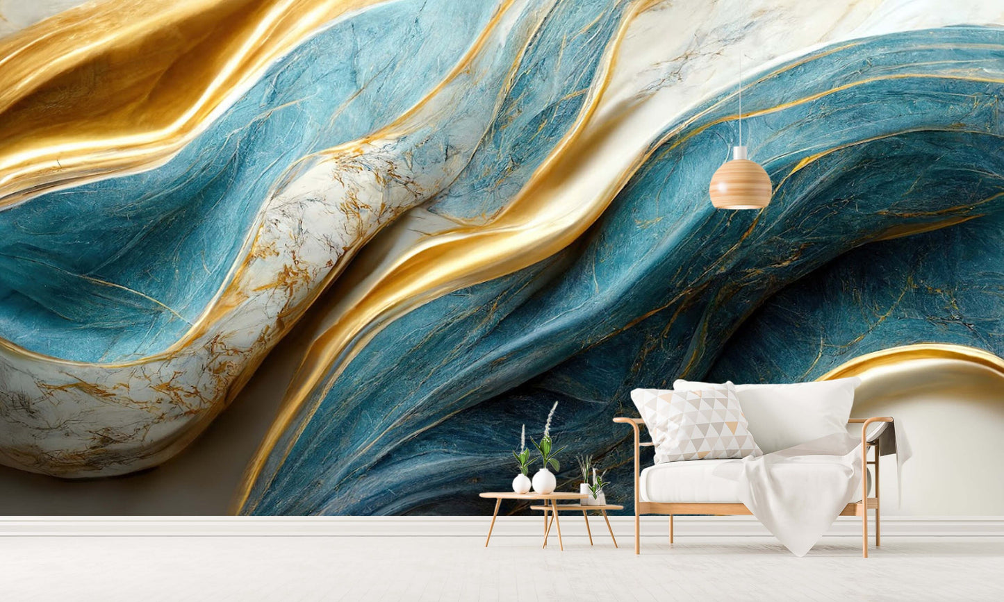 Abstract large peel and stick wall mural, self adhesive blue gold wallpaper, removable marble photo wallpaper, accentual wall decal