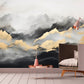 Extra large mountains wallpaper, abstract peel and stick wall mural, gray gold self adhesive photo mural, accentual bedroom wall decal