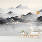 Smoky mountains self adhesive wallpaper, extra large landscape wall mural, astract peel and stick wallpaper, temporary white black mural