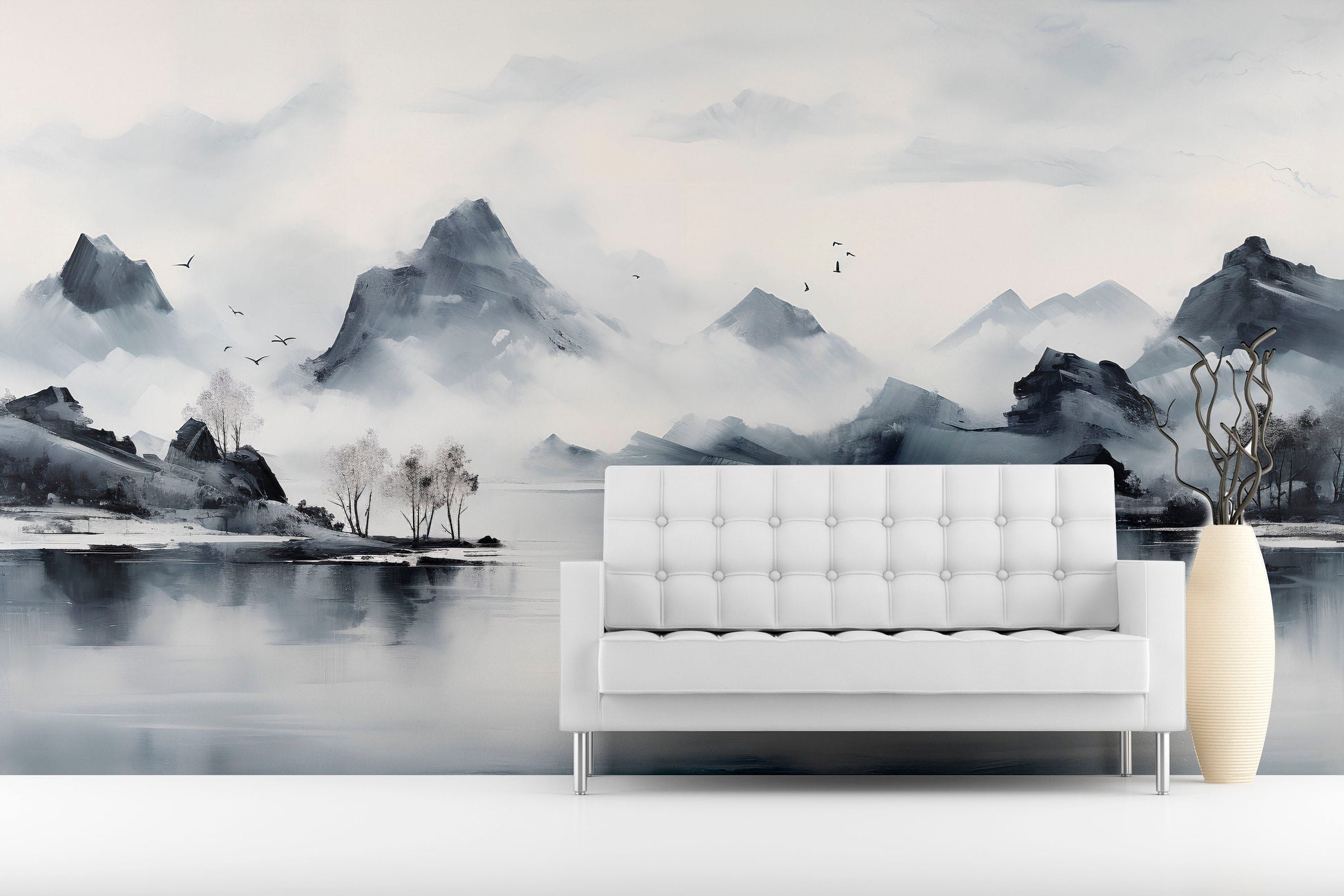 Extra large foggy mountains wallpaper, self adhesive black white wall mural, accentual landscape peel stick wallpaper, abstract wallpaper