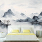 Extra large foggy mountains wallpaper, self adhesive black white wall mural, accentual landscape peel stick wallpaper, abstract wallpaper
